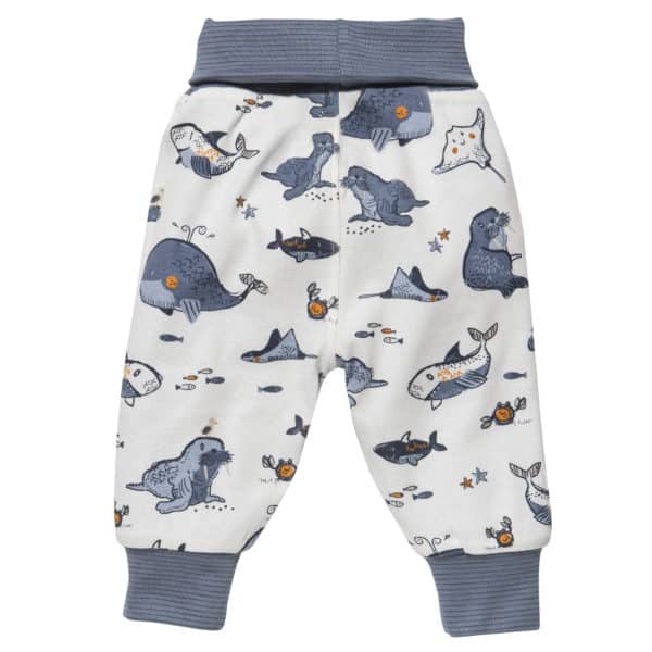Pololo People Wear Organic Wendehose ozeanblau und weiß mit Tieren aus dem Meer , aus Bio-Baumwolle Großer Ausverkauf