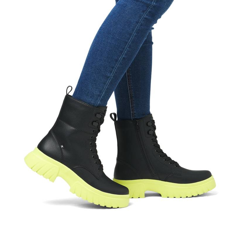 Rieker Artikelnummer W1870-01 Rieker Damen Schnürstiefel mattschwarz-neongrün Kostenlose Rückgabe