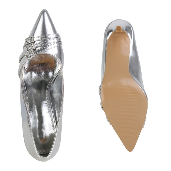 Stiefelparadies Damen Spitze Pumps in Silber Saisonale Angebote