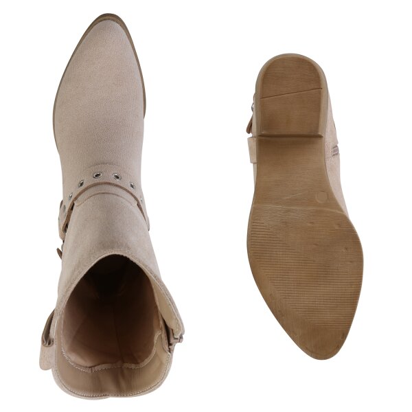 Stiefelparadies Damen Cowboy Boots in Beige Velours Kauf eins, bekomm eins gratis