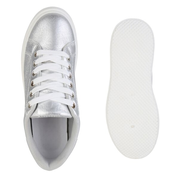 Stiefelparadies Damen Plateau Sneaker in Silber Letzte 2 Tage