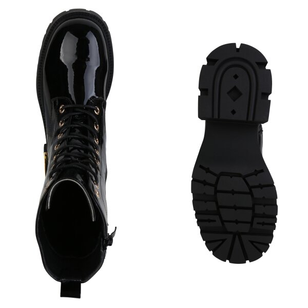 Stiefelparadies Damen Plateau Boots in Schwarz Lack Sonderangebot