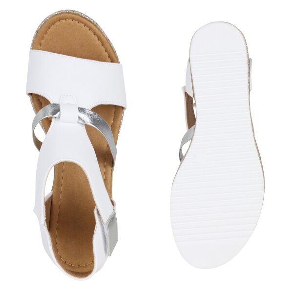 Stiefelparadies Damen Keilsandaletten in Weiss Silber Metallic Letzte 3 Tage