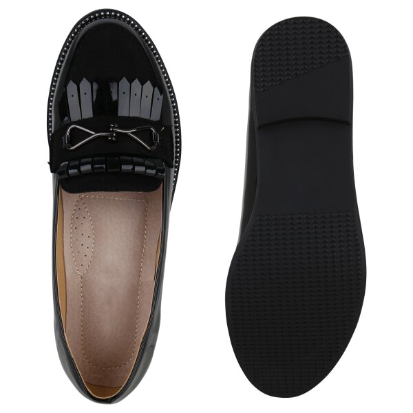 Stiefelparadies Damen Klassische Slippers in Schwarz Lack Sonderangebot der Fabrik