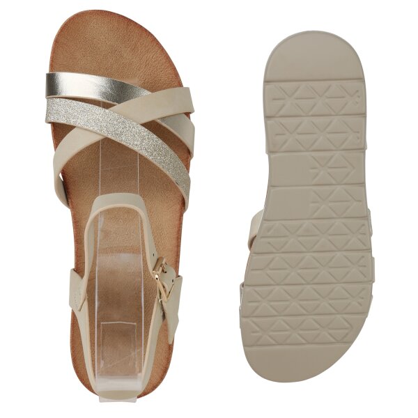 Stiefelparadies Damen Komfort Sandalen in Beige Metallic Nur noch ein Tag übrig
