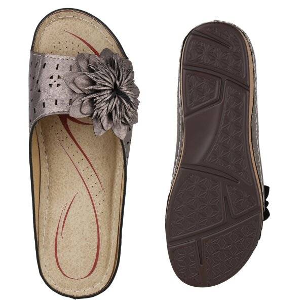 Stiefelparadies Damen Pantoletten in Grau Metallic Großer Ausverkauf