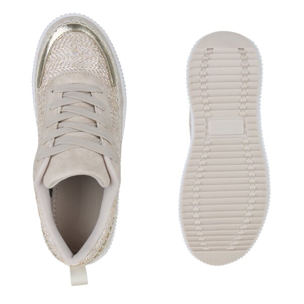 Stiefelparadies Damen Plateau Sneaker in Beige Metallic Bestseller