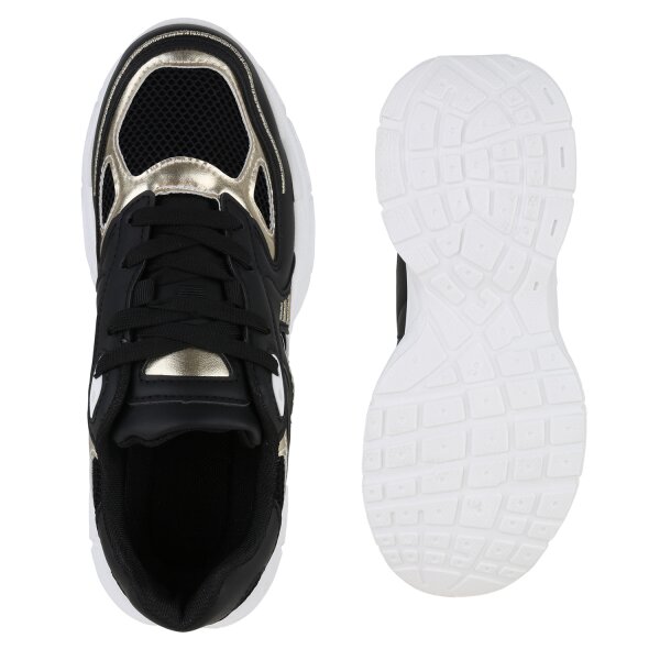 Stiefelparadies Damen Plateau Sneaker in Schwarz Gold Metallic Tiefpreis