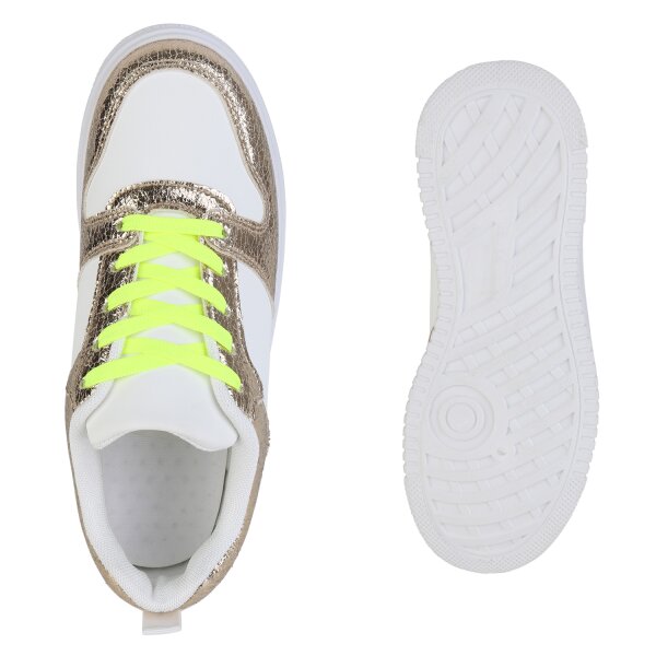 Stiefelparadies Damen Plateau Sneaker in Weiss Gold Snake Wochenangebot