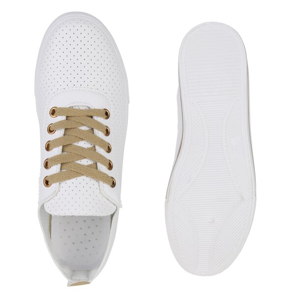 Stiefelparadies Damen Sneaker Low in Weiss Gold Versandkostenfrei