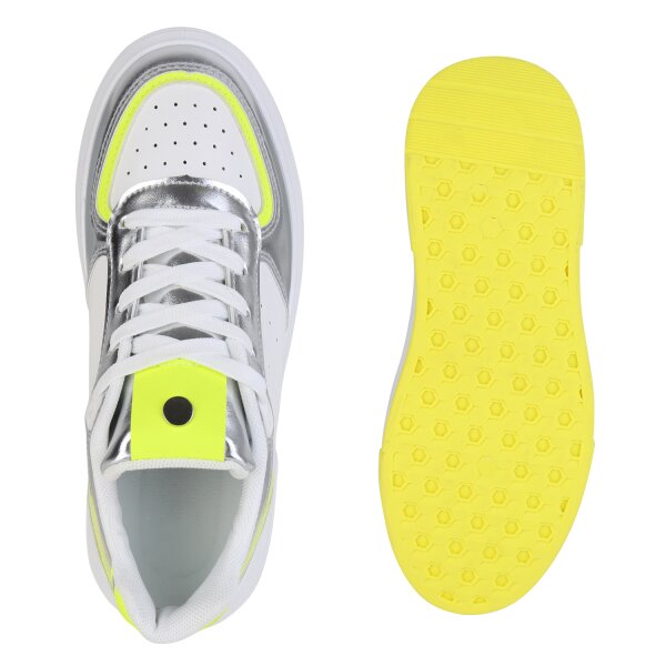 Stiefelparadies Damen Sneaker Low in Weiss Silber Metallic Großer Ausverkauf