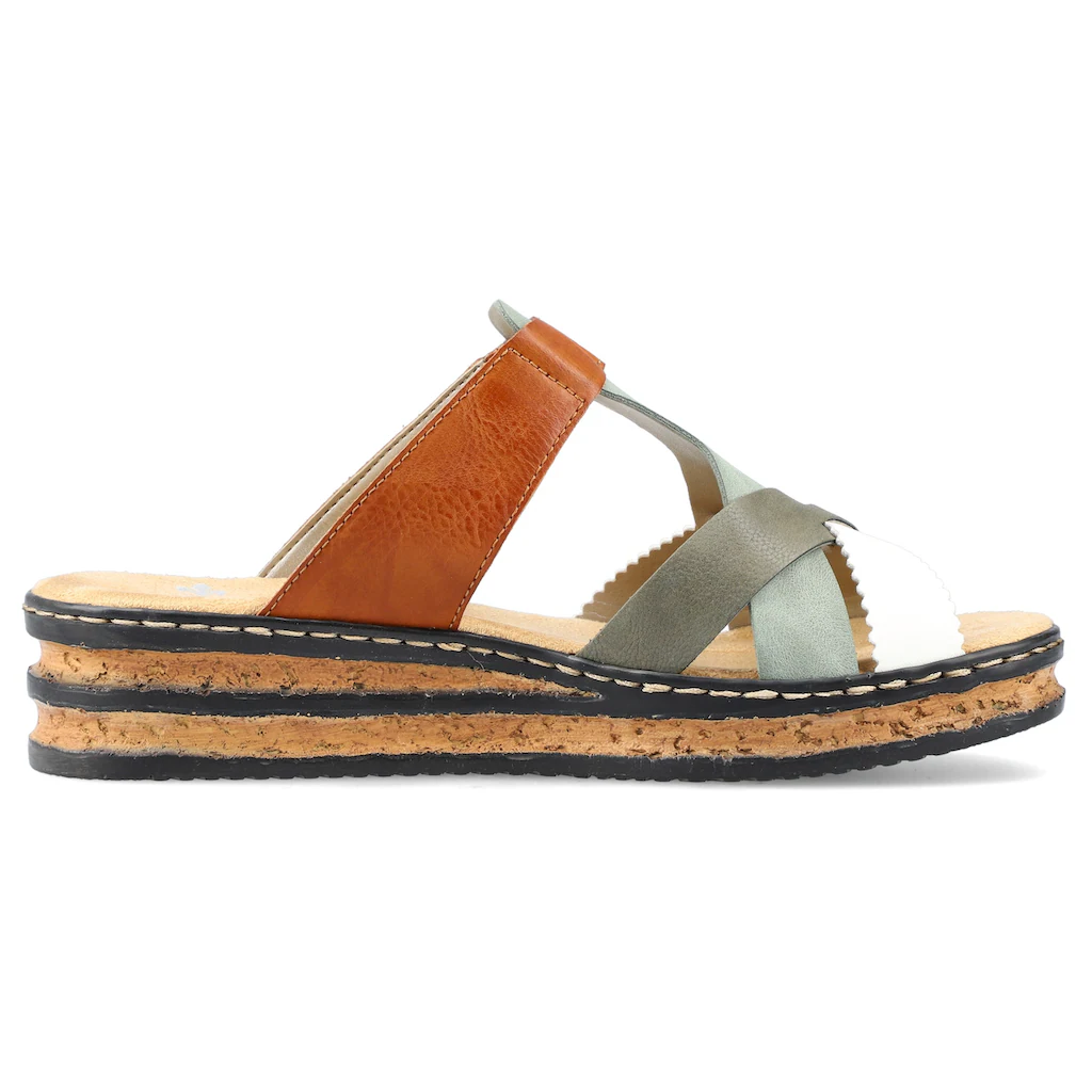 Rieker Pantolette Keilabsatz Sommerschuh Schlappen mit praktischem Klettriemchen online bestellen Fabrikverkauf