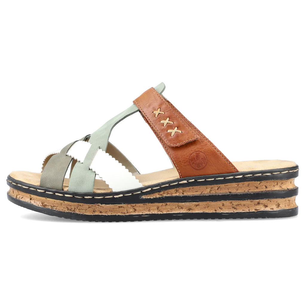 Rieker Pantolette Keilabsatz Sommerschuh Schlappen mit praktischem Klettriemchen online bestellen Fabrikverkauf