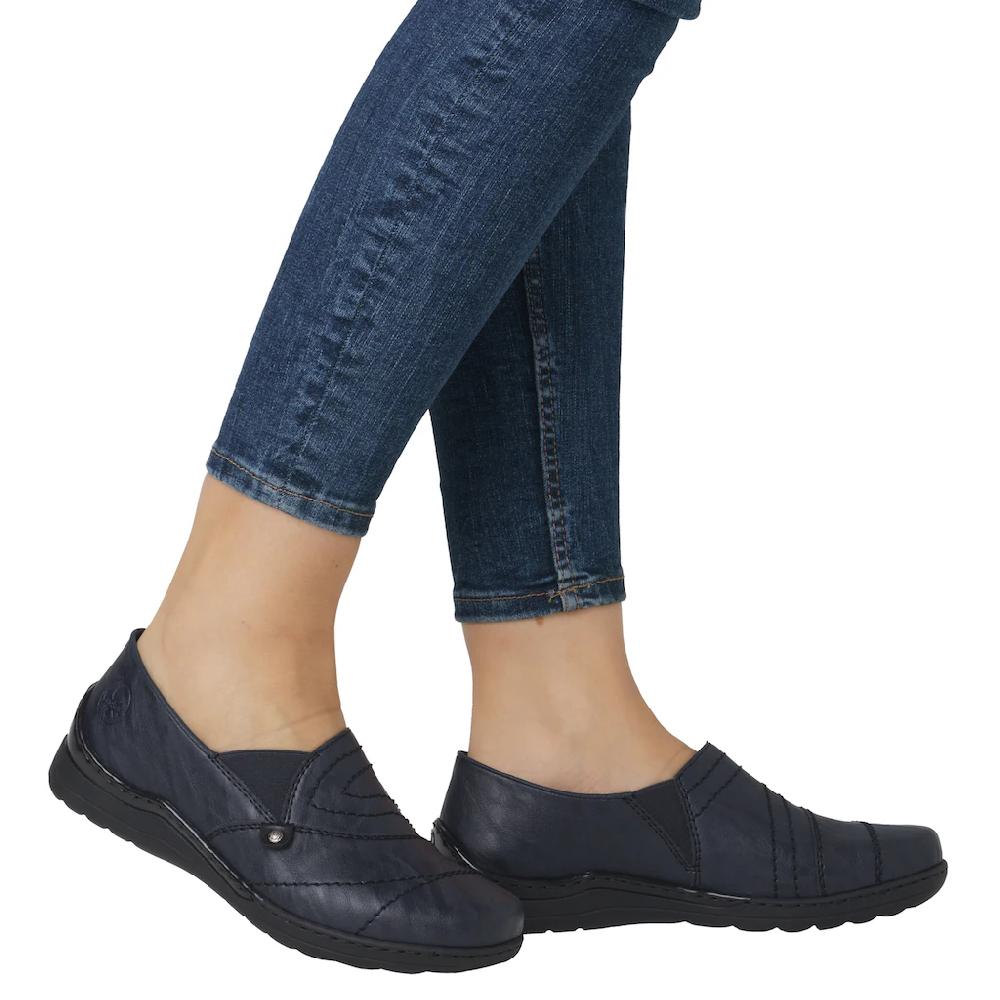 Rieker Slipper Schlupfschuh Halbschuh Slip on mit Stretcheinsatz und Ziersteppung kaufen Muttertagsangebot