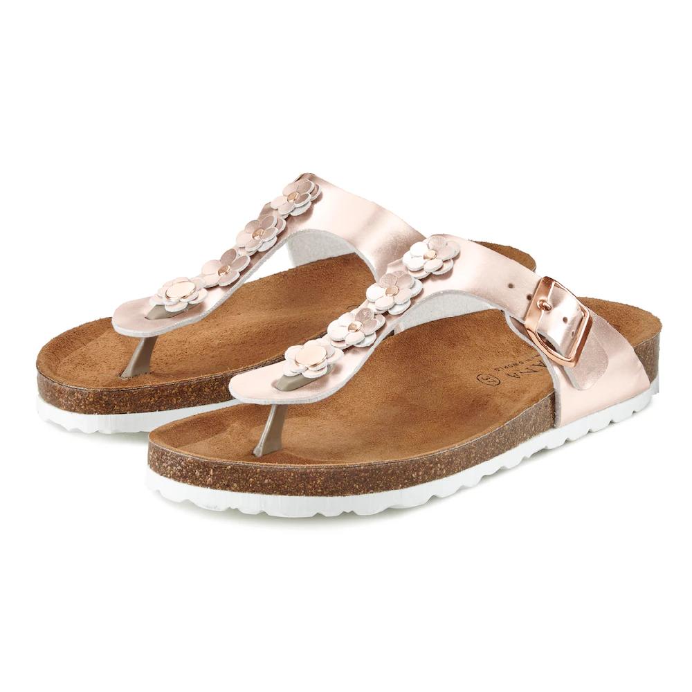 LASCANA Zehentrenner Sandale Pantolette mit modischer Applikation und Korkfußbett ▷ für Auslauf