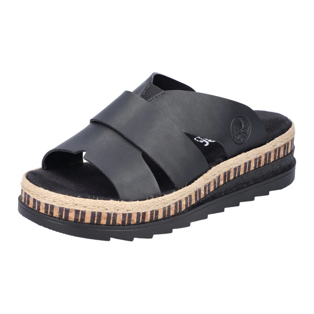 Rieker Pantolette Keilabsatz Sommerschuh Schlappen mit Bastumrahmung bestellen Heißer Verkauf