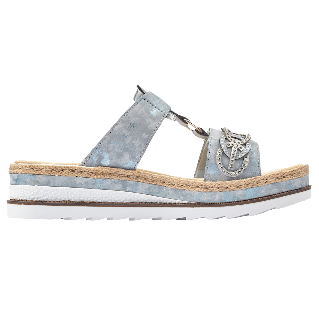 Rieker Pantolette Plateau Sommerschuh Schlappen mit Strass-Stein-Verzierung online bestellen Kauf eins, bekomm eins gratis